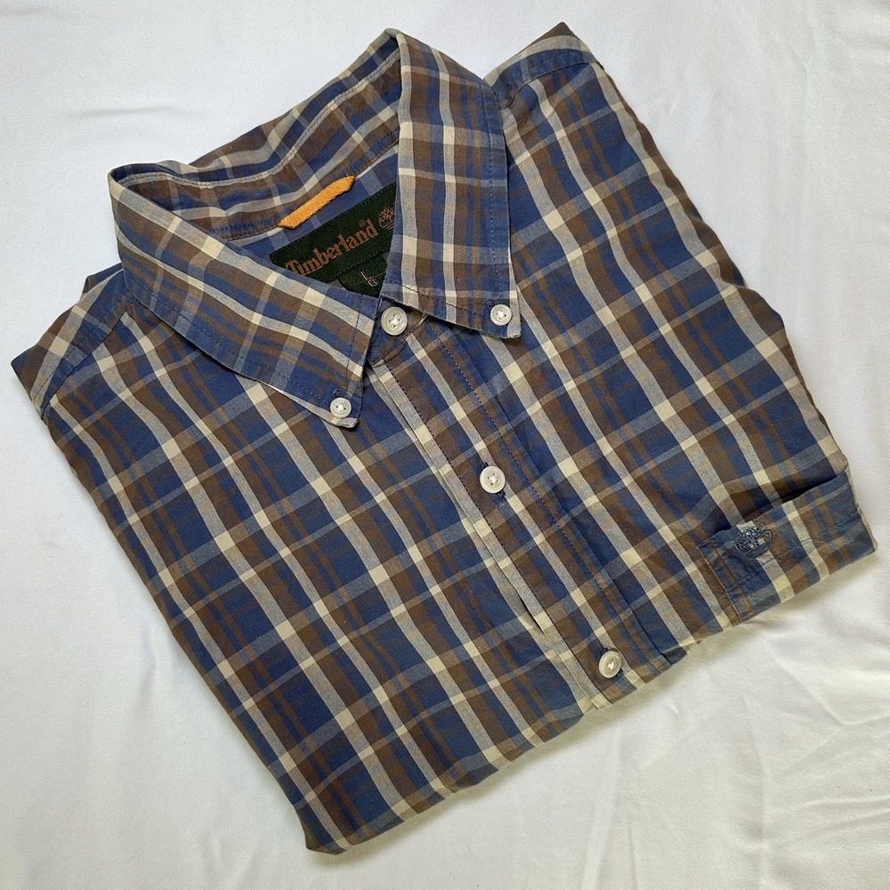 Timberland Men's Vintage Blue Brown Plaid Flannel‎ Button Down Size Large